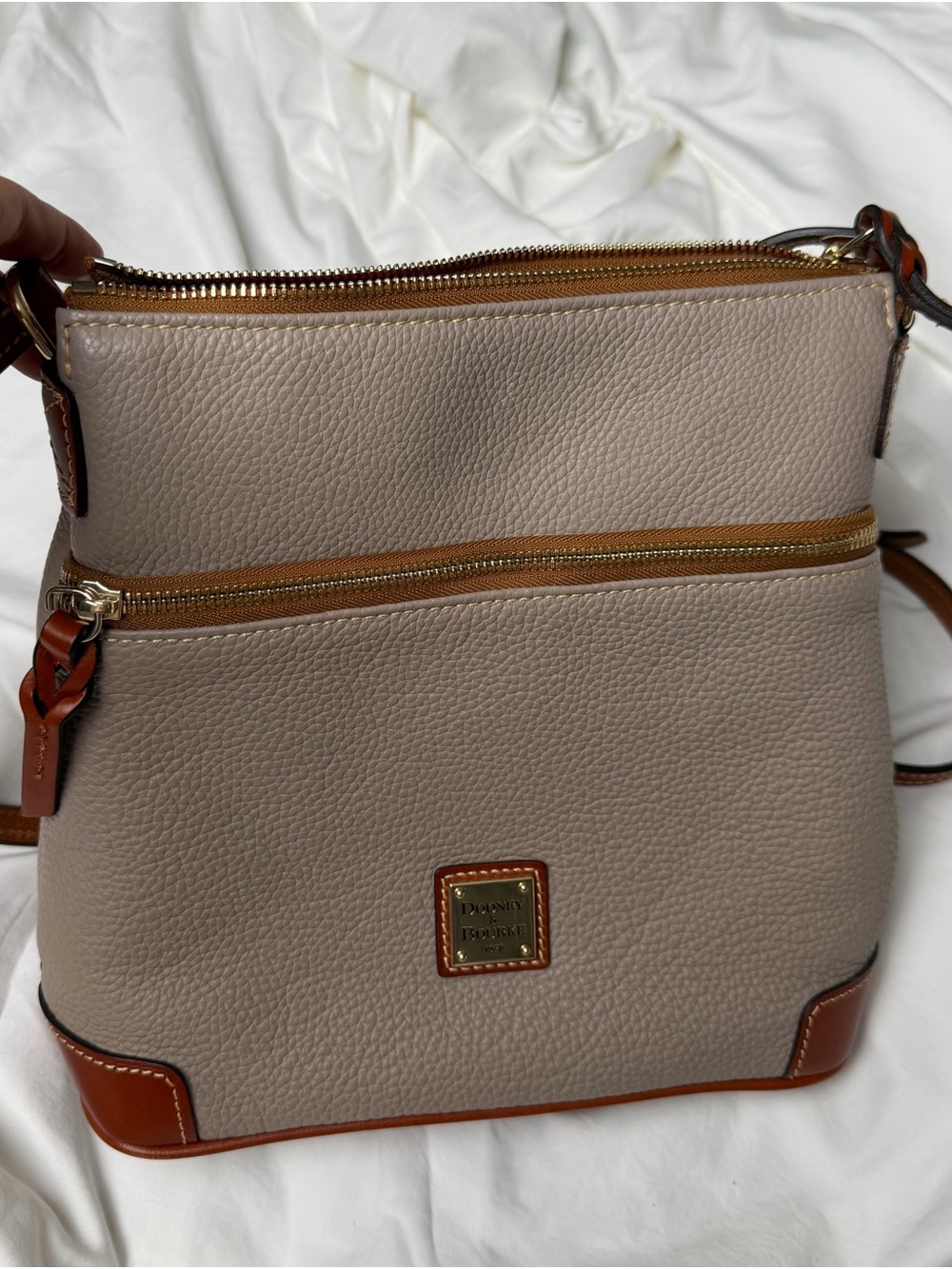 Dooney & Bourke Taupe Pebbled Leather Crossbody with Tan Trim